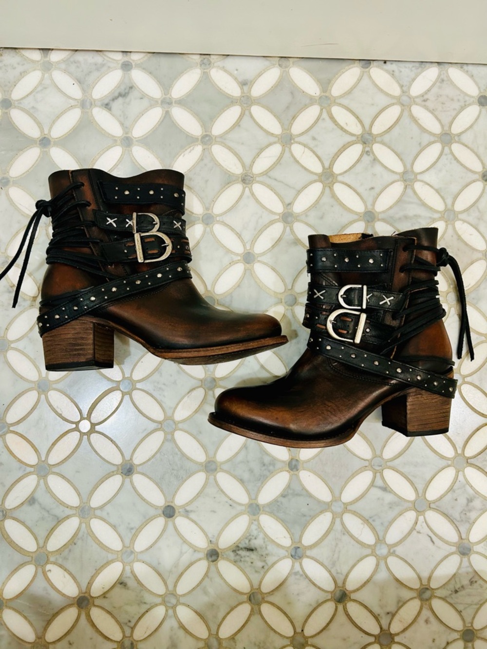 Freebird by Steven Caspian Leather Multi-Strap Studded Moto Boots Brown Black 10 - Picture 2 of 14